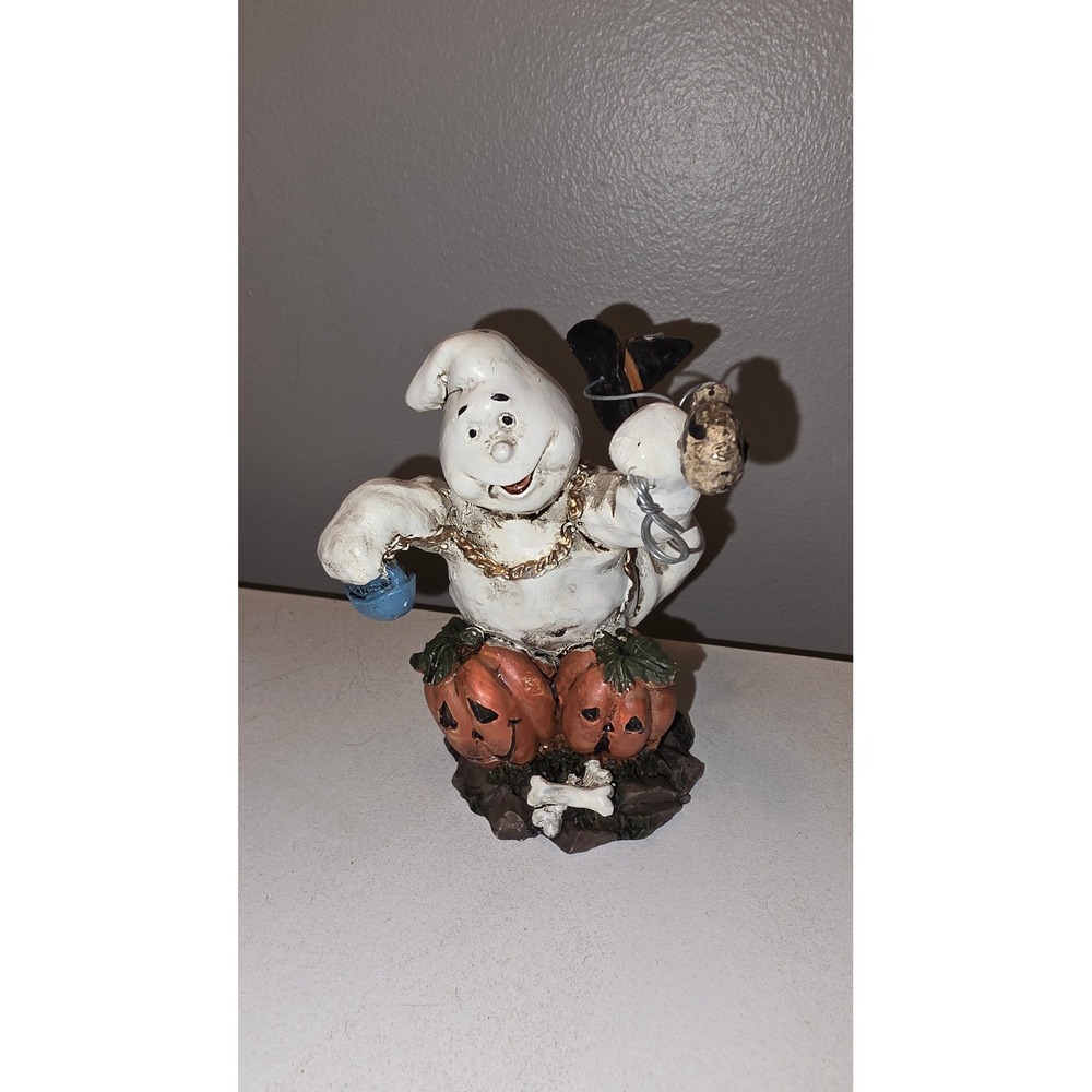 Vintage Halloween Ghost Figurine Jack-O-Lantern Pumpkin Resin Decor 5.5 Inch